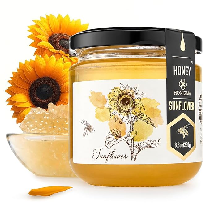 HONIGMA® Raw Sunflowers Honey | Exquisite Taste | 100% Pure | Unpasteurized | Unfiltered | Partially crystallized | 250g/8.8oz