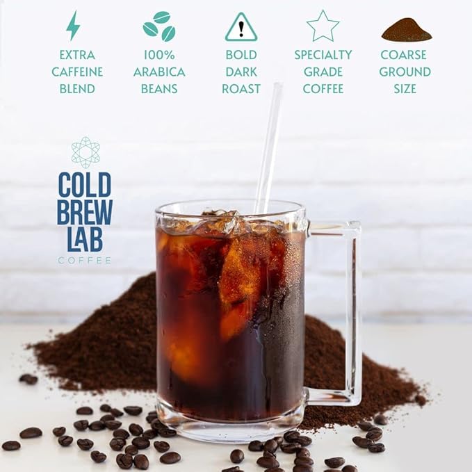 Cold Brew Coarse Ground Coffee, High Caffeine Blend, Dark Roast, 1 LB, Extra Strong, Cold Brewing & French Press