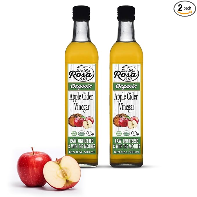 De La Rosa Organic Apple Cider Vinegar, Raw & Unfiltered, Kosher for Passover, Vegan & Gluten Free, Great for Salad Dressing & Marinades, Apple Cider with The Mother, 16.9 Oz (Pack of 2)