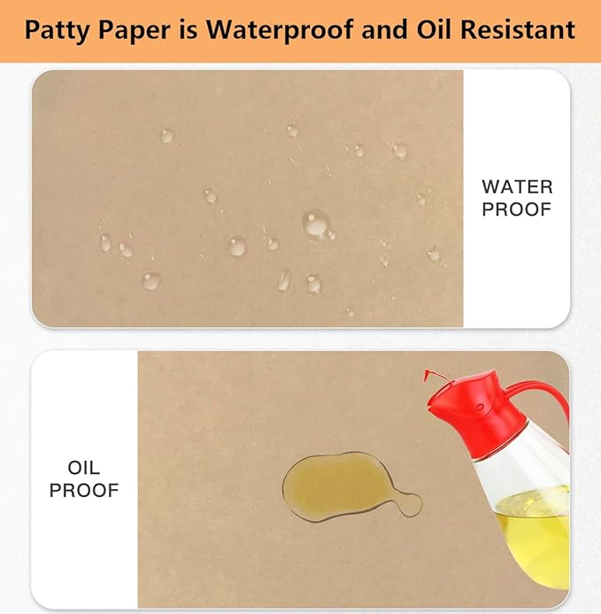 100Pcs 6" x 6" Unbleached Parchment Paper, Burger Patty Paper, Non-Stick Squares Wax Paper Sheets for Seperating Patty, Cookies, Baking, Wrapping Candies Brown