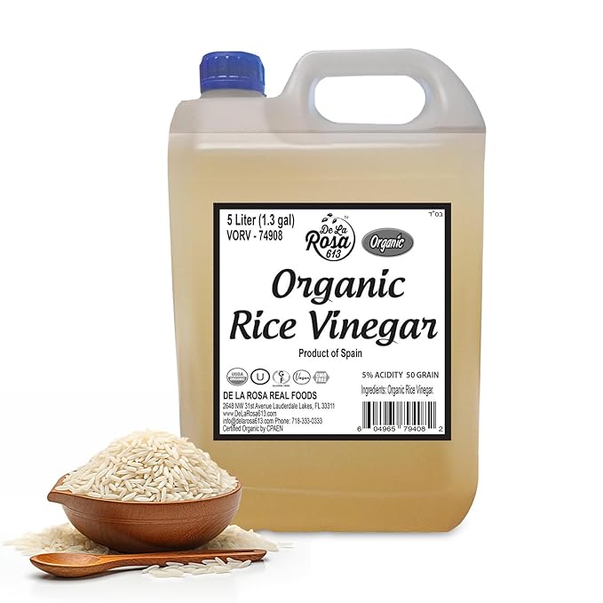 De La Rosa Organic Rice Vinegar 5% Acidity, Kosher, Rice Vinegar for Cooking, Sushi, Salad Dressings and More | Sugar-Free Rice Vinegar - 5 Liter (Pack of 1)