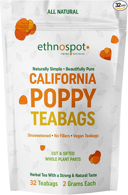 Pure California Poppy Tea - Natural California Poppy for Relaxation, Premium California Poppy Extract 100% Natural Herbal Tea Stress Relief & Calming Nervous System - 2 Gram Teabags - 32 Vegan Teabags