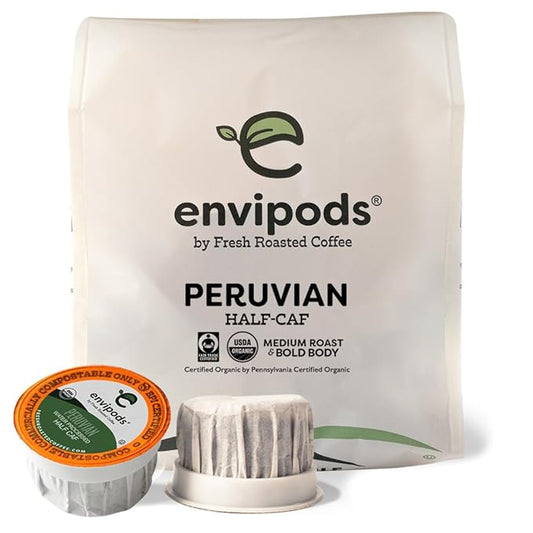 Fresh Roasted Coffee, Organic Peruvian Swiss Water Half-Caf envipods, Fair Trade Kosher, Medium Roast, 12 Count, Compatible With 1.0 & 2.0 K Cup Brewers