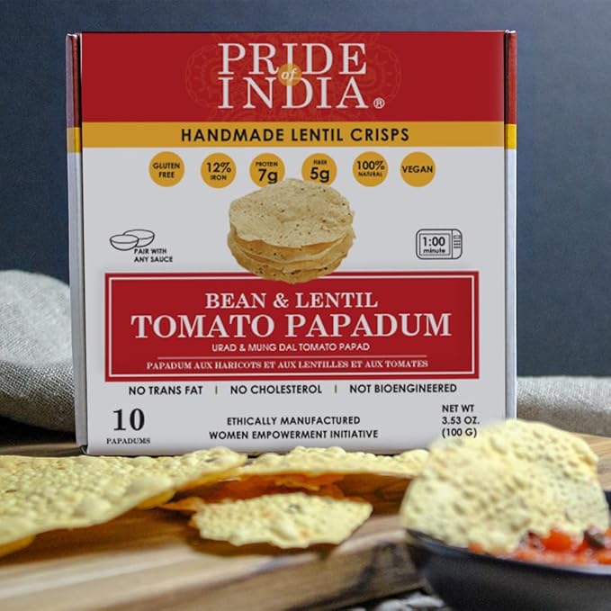 Pride Of India | Tomato Papadum, Pack of 6-10 Count Box (3.53oz - 100gm) | Protein Fiber & Iron Rich, Gluten-Free Vegan Lentil Crackers, Healthy Indian Appetizer | Microwaveable & Ready in Seconds