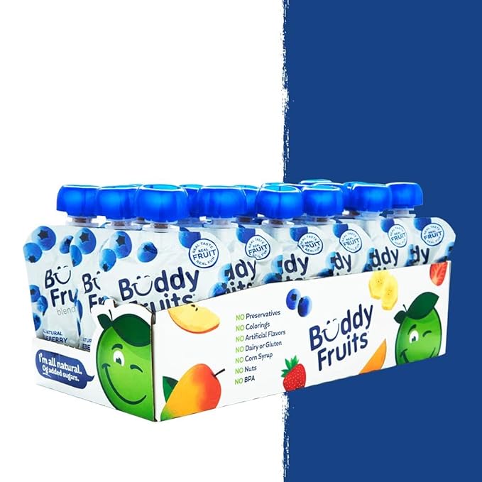 Buddy Fruits Snacks To Go Blueberry Unsweetened Applesauce 3.2oz Pouch (18pk) Gluten-Nut-Dairy-Preservatives-BPA Free, Non GMO, Kosher