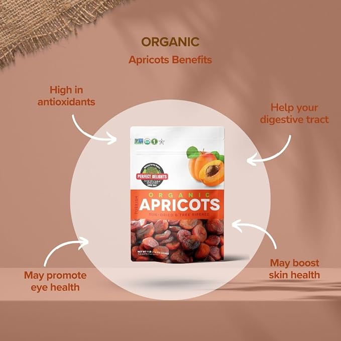 Perfect Delights Sun-Dried Organic Turkish Apricots, Vegan & Healthy Fruit Snack for Kids and Adults - Single Pack (16 oz)