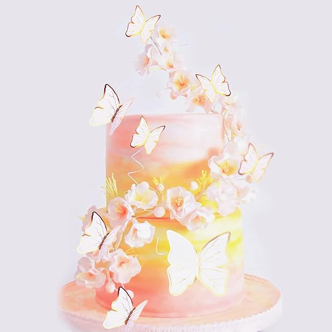 30pcs White Gold Edge Mixed Size Lively 3D Waterproof Butterfly Cupcake Topper for Girls Women's Happy Birthday Wedding Party Cake Wall Party Food Decorations