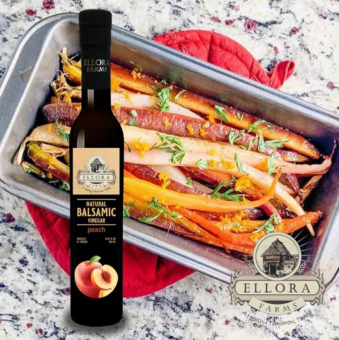 Ellora Farms, Peach fruit Infused Greek Balsamic Vinegar, thick and creamy, no-added sugars, no-preservatives, 8.45 oz. bottle, Pack of 1