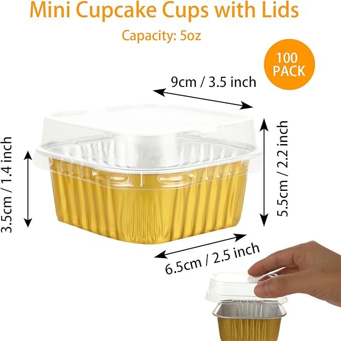 100 Pack 5 oz Mini Square Baking Cups with Lids, Aluminum Foil Baking Cups Mini Square Cupcake Cups, Disposable Ramekins Cake Pans Small for Brownie Cheesecake Muffin Puddings ??Gold