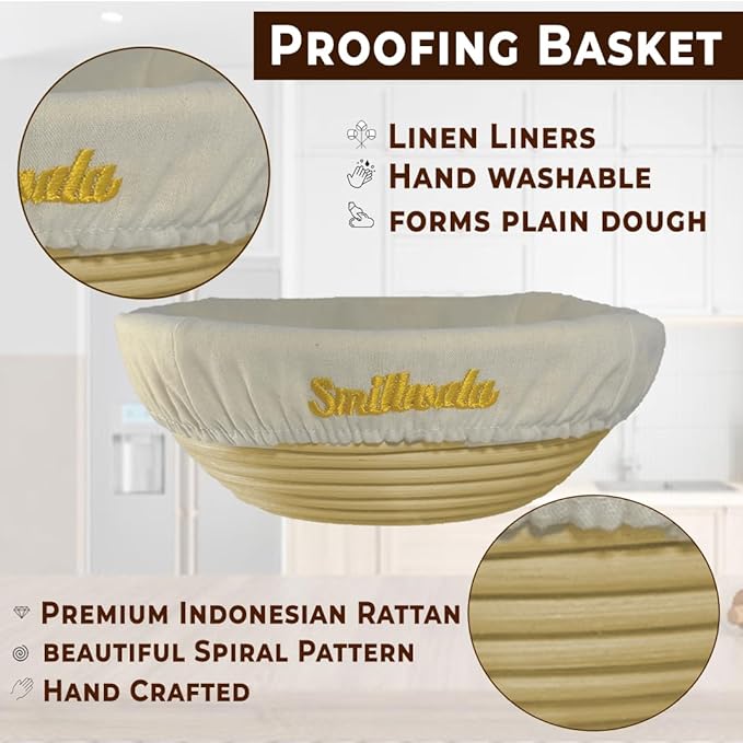 Round Banneton Bread Proofing Basket with Linen Liner, 9??Bread Basket with 6 Essential Bread Making Tools ??Natural Rattan Sourdough Banneton Basket Kit for Baking Enthusiasts