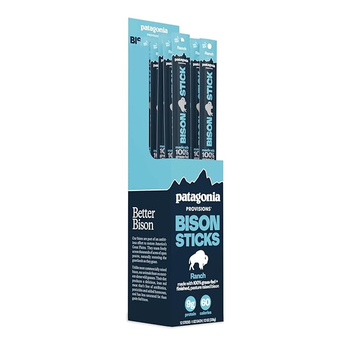 Patagonia Provisions Bison Sticks - Ranch | 100% Grass-Fed, 8g of Protein, 60 Calories | No Artificial Ingredients, Added Flavors, Fillers, or Nitrates | Pack of 12, 1 oz Each