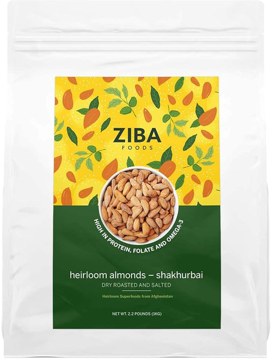 Ziba Foods Heirloom Shakhurbai Almonds | Salted & Dry Roasted Almonds | Non-GMO, Vegan, Gluten Free Whole Almond Nuts | Heirloom, Warm & Nutty | Healthy, Delicious Almond Snacks, 2.2 lbs