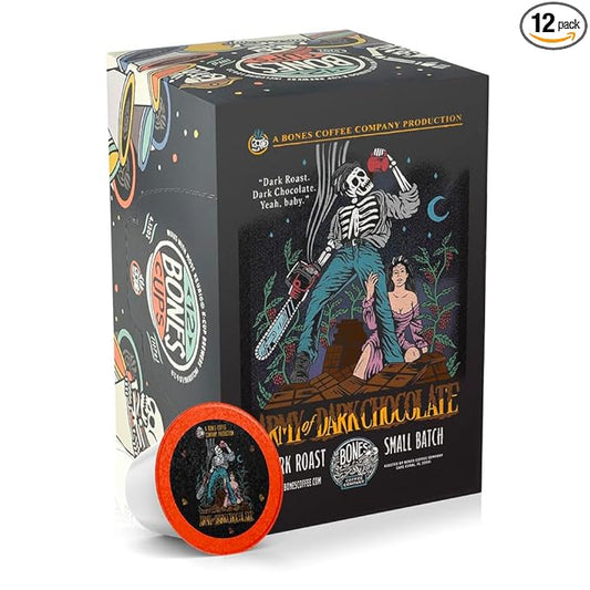 Bones Coffee Company Army of Dark Chocolate Flavored Coffee Pods, Low Acid Medium Roast Single-Serve Bones Cups, Compatible with 1.0 & 2.0 K-Cups Brewers Coffee Maker, 12 Count