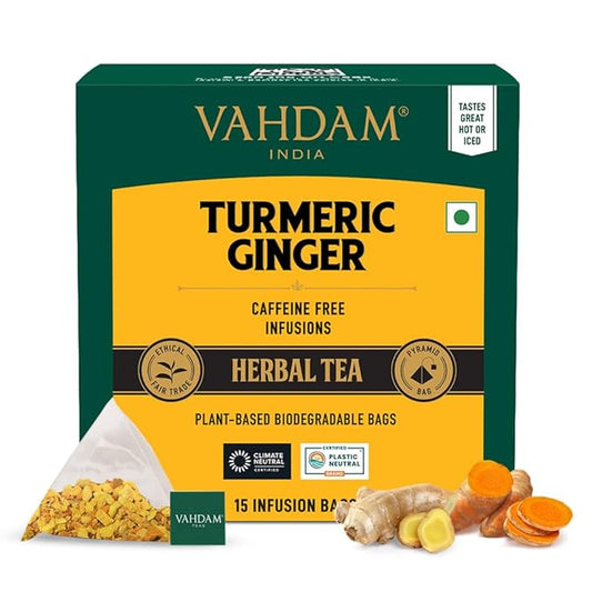 VAHDAM, Turmeric Ginger Herbal Tea Bags (15 Pyramid Tea Bags) Caffeine Free, Non GMO, Gluten Free | 100% Pure Herbal Blend - Savory & Spicy | Individually Wrapped Pyramid Tea Bags | Direct from Source