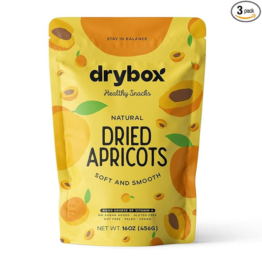 Drybox Dried Turkish Apricots No Sugar Added 3 Pack | Dry Apricot for Snacking, Baking, and Cooking | Unsweetened Non-GMO All Natural Mediterranean Dried Fruit Resealable, 1 lb per pack, Total 3 lbs