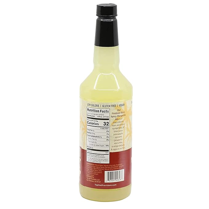 Top Hat Spicy Margarita Drink Mix - Handcrafted with 3 Chiles, Pineapple, Organic Agave Nectar & Organic Lime Juice - Low Calorie/Low Sugar - 32oz Bottle