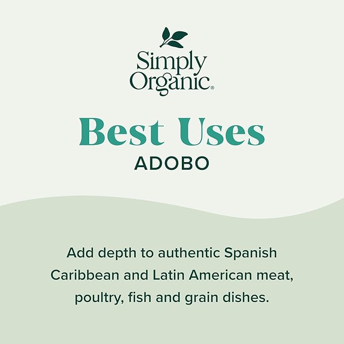 Simply Organic Adobo Seasoning, 4.14-Ounce, Garlic, Onion& Pepper Blend, Add Depth Without Heat To Fish, Meats, Rice, Kosher
