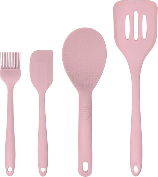 Silicone Utensils 4-Piece Set ??Rubber Spatula, Pastry Brush, Slotted Turner, and Rice Paddle ??Complete Heat-Resistant Set for Non-Stick Cookware ??Kitchen Tools for Cooking and Baking ??Pastel Pink
