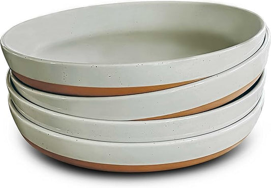 Mora Ceramic Flat Pasta Bowl Set of 4-35oz, Microwave Safe Plate with High Edge - Modern Porcelain Dinnerware for Kitchen and Eating, Large Wide Bowls/Plates for Serving Dinner, Salad, etc- Grey