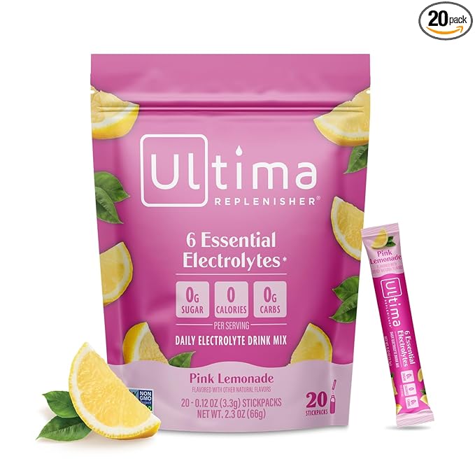 Ultima Replenisher Daily Electrolyte Powder Drink Mix ??Sugar Free ??Pink Lemonade, 20 Stickpacks ??Hydration Packets with 6 Electrolytes and Trace Minerals ??Keto Friendly, Vegan, Non-GMO