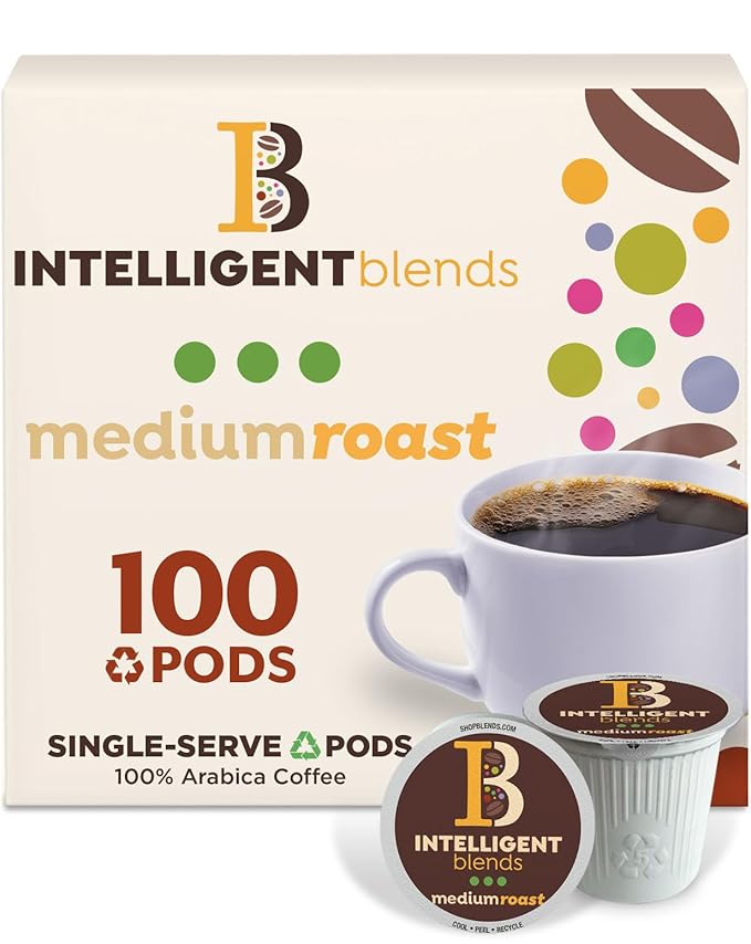 Intelligent Blends Medium Dark Roast Coffee Pods, 100 ct, Recyclable Single Serve Pods – 100% Arabica Coffee, Compatible with Keurig K Cups Maker