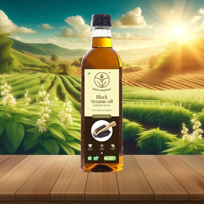 Shiva Organic Cold-Pressed Black Sesame Oil - 100% Natural, Certified Organic - 1L (33.8 fl oz) for Cooking, Dressings, and Health