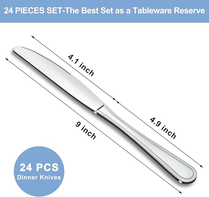 Dinner Knives Set of 24, 9??Knives Set, Butter Knives with Pretty Line Handle, Sharp Knives Set, Food Grade Stainless Steel Table Knife, Knives Silverware, Dishwasher Safe & Mirror Polished