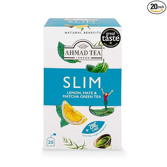 Ahmad Tea Green Tea, Lemon, Mate, & Matcha 'Slim' Natural Benefits Teabags, 20 ct (Pack of 1) - Caffeinated & Sugar-Free