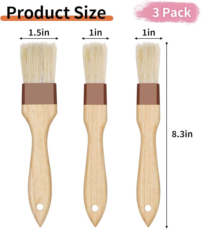 3 Pcs Pastry Brush, Natural Bristle Basting Brush, Cooking Brush, Food Brush, Butter Brush, Baster Brush, BBQ Brushes for Sauce, Kitchen Baking Brushes for Oil, Grilling, Marinade