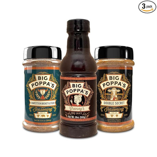 Big Poppa's Steak Bundle – Irresistible BBQ Set Featuring Steak Seasoning, BBQ Rub & Sauce – Ultimate Spice Trio for Grilling Enthusiasts - Perfect for Steaks, Ribs, and Brisket