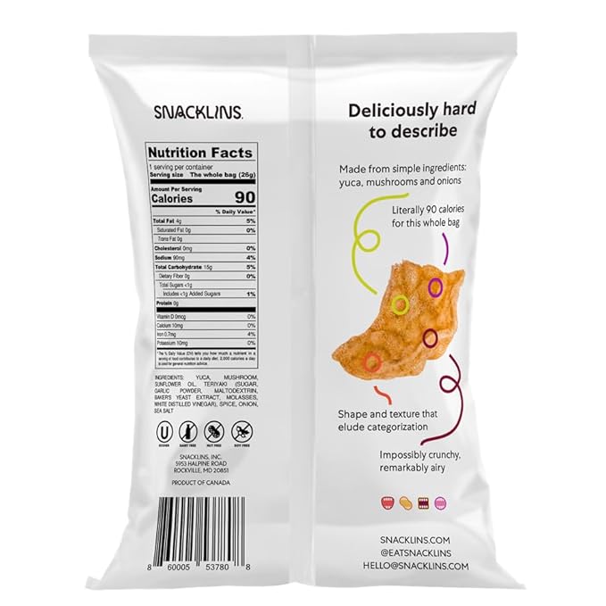 SNACKLINS Plant Based Crisps TERIYAKI - Gluten Free, Grain Free, 100% Kosher, Vegan Healthy Snacks, Crunchy Puffed Snack, Only 100 Calories Per Bag, .9oz Bag (Case of 24)