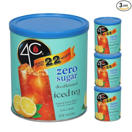 4C Zero Sugar Powdered Drink Mix Cannisters, Zero Sugar Decaffeinated Iced Tea 3 Pack, 22 Quarts, Family Sized Cannister, Low Calorie, Thirst Quenching Flavors