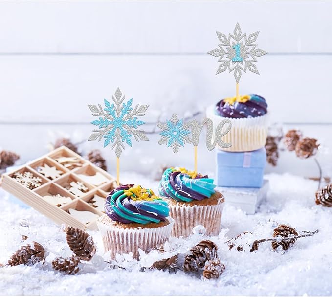 24PCS Glitter Snowflake Cupcake Toppers, Frozen One Cake Topper for Winter 1st Birthday Decorations, Baby Shower Decorations