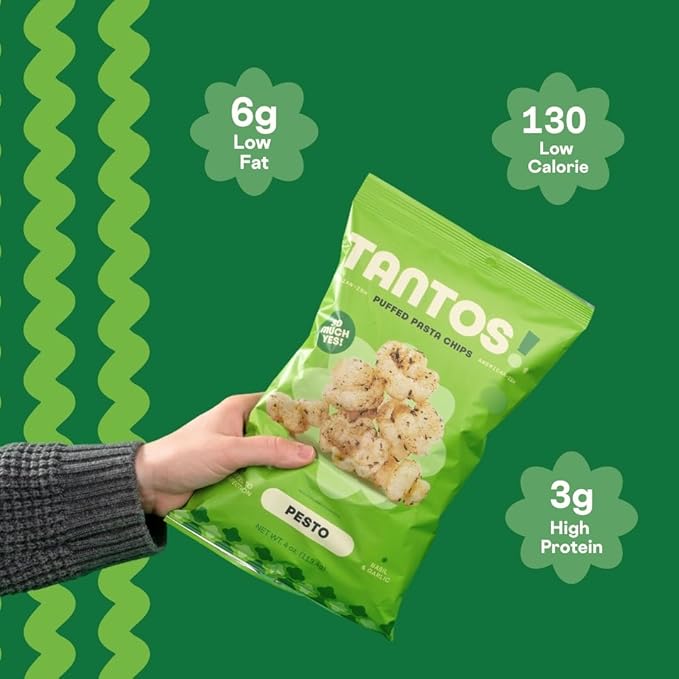 Tantos! Puffed Pasta Chips ??Healthy Pasta Snack by Top Chef Joe Sasto ??Plant-Based, Low Calorie, Crunchy Chips ??Variety Pack ??Marinara, Pesto, Cacio e Pepe, Classico ??Gourmet Bold Flavors (4 oz 6 Pack, Pesto)