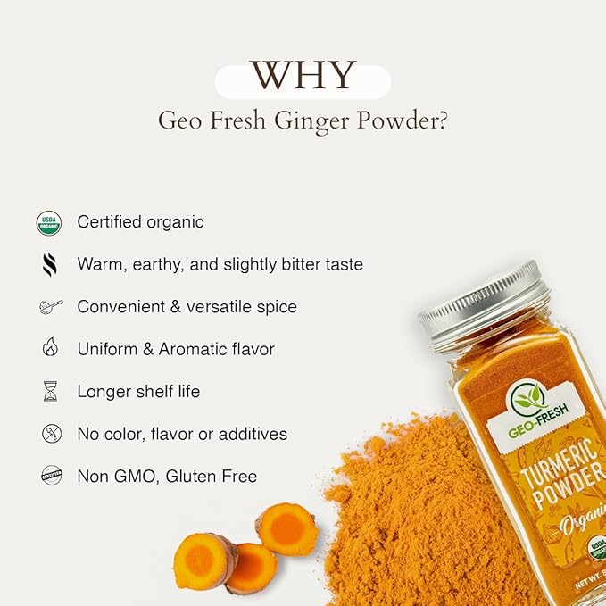 Geo-Fresh Organic Turmeric Powder, 1.76 oz ??Turmeric Powder Organic for Cooking ??USDA Certified, Non-GMO, Kosher, Gluten-Free ??Ground Turmeric Root with Curcumin
