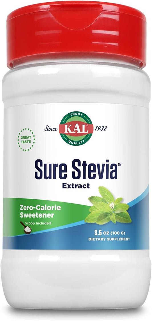 KAL Sure Stevia Extract Powder, Low Carb, Plant Based Stevia Sweetener, Great Taste, Zero Calories, Zero Sugar, Low Glycemic & Perfect for a Keto Diet, 60-Day Guarantee, Approx. 1820 Servings, 3.5oz