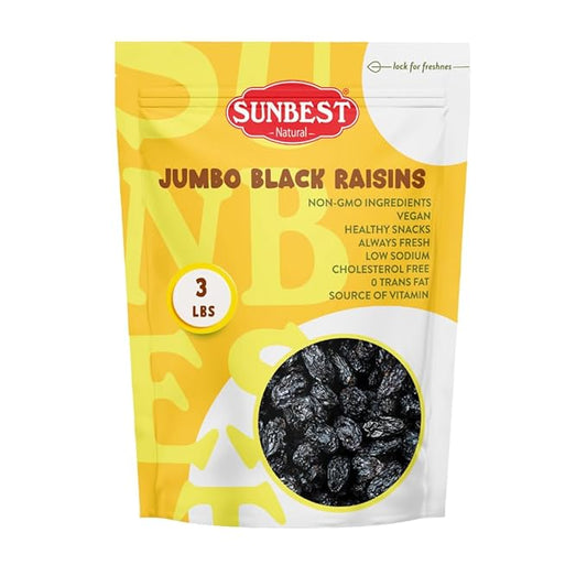 Sunbest Natural Jumbo Black Raisins ??3 lb Bulk Bag (48 oz) ??Plump, Juicy & Seedless Dried Raisins ??No Added Sugar, All-Natural Black Grapes, High in Fiber, Iron & Antioxidants ??Non-GMO, Vegan & Kosher