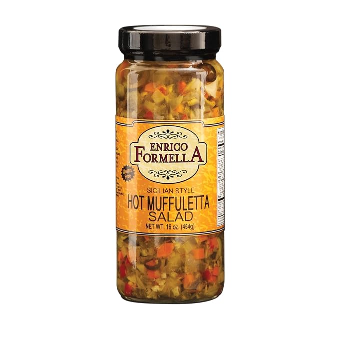 Enrico Formella Hot Muffuletta Salad - Gluten Free Italian Olive Mix - New Orleans Style Sicilian Sandwich Spread, 16oz.