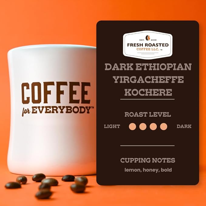 Fresh Roasted Coffee, Dark Ethiopian Yirgacheffe Kochere, 5 lb (80 oz), Dark Roast, Kosher, Whole Bean