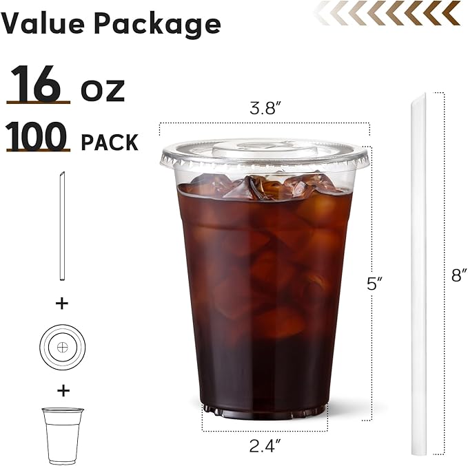 AOZITA 100 Pack 16 oz Clear Plastic Cups with Lids and Straws, Food Safe Disposable Iced Coffee Cups for Cold Beverages, Smoothies, Iced Coffee, Leak-Proof, BPA-Free