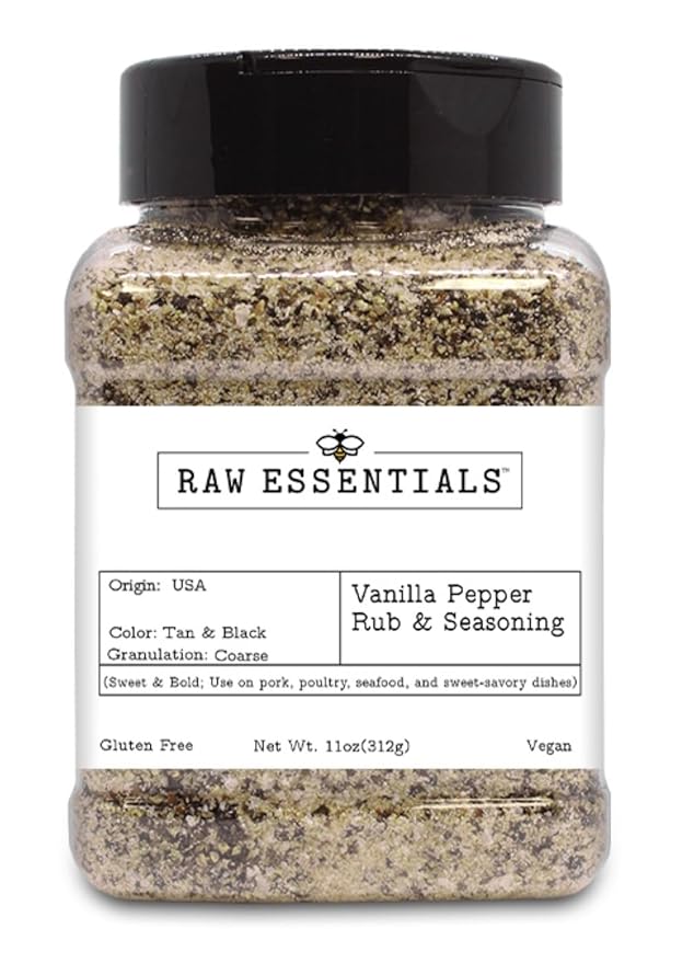 Raw Essentials Vanilla Pepper Rub & Seasoning??Sweet & Bold ??Use on Pork, Poultry, Seafood, and Sweet-Savory Dishes ??Gluten Free and Vegan ??11 Ounce Bottle