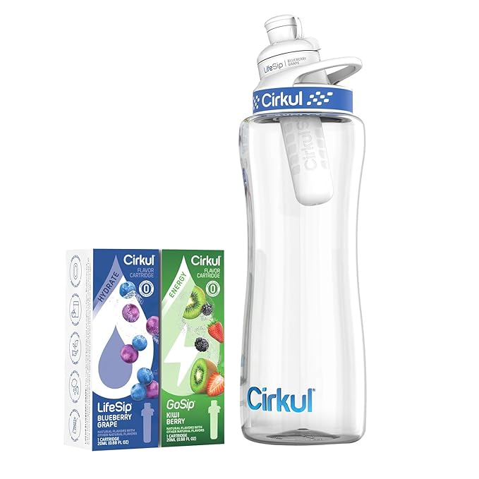 Cirkul 32oz. BPA-Free Plastic Water Bottle Starter Kit with Navy Lid, 2 Flavor Cartridges (1 LifeSip Blueberry Grape, 1 GoSip Kiwi Berry) No Sugar, Zero Calorie Drink Mix