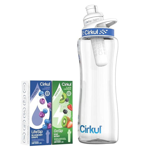 Cirkul 32oz. BPA-Free Plastic Water Bottle Starter Kit with Navy Lid, 2 Flavor Cartridges (1 LifeSip Blueberry Grape, 1 GoSip Kiwi Berry) No Sugar, Zero Calorie Drink Mix