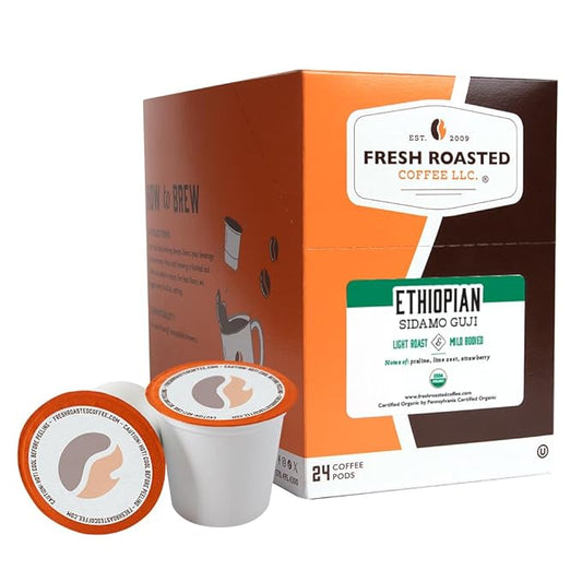 Fresh Roasted Coffee, Organic Ethiopian Sidamo Natural | USDA Organic, 100% Single Origin, Kosher | Light Roast 24 Pods for K Cup Brewers