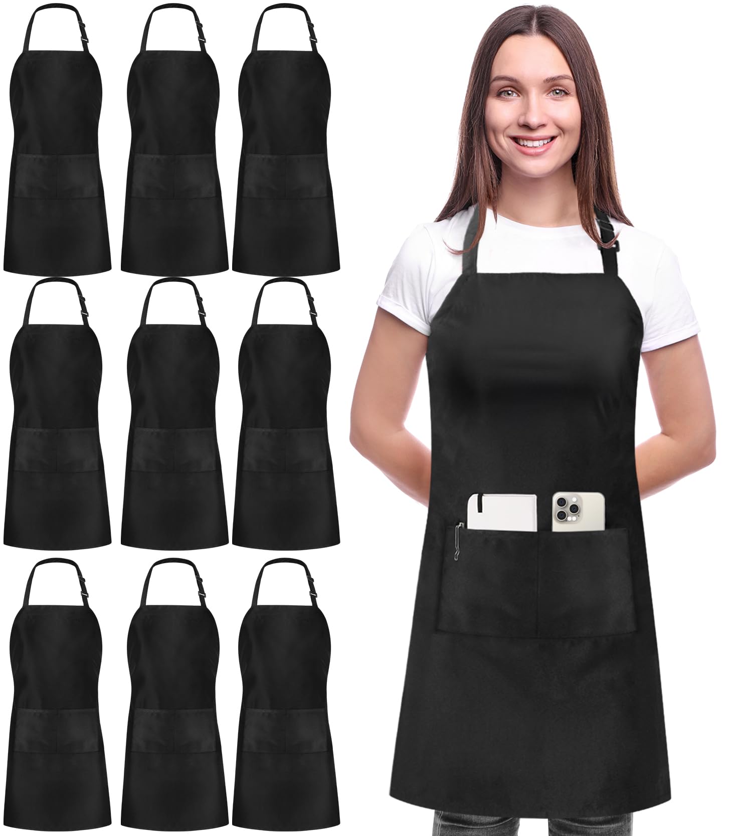 Utopia Kitchen Bib Aprons 10 Pack Adjustable With 2 Pockets Black