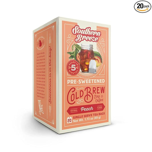 Southern Breeze Cold Brew Sweet Tea Peach Iced Tea with Black Tea and Zero Carbs Zero Sugar, 20 Individually Wrapped Tea Bags Southern Sweet Tea Iced Tea Beverage