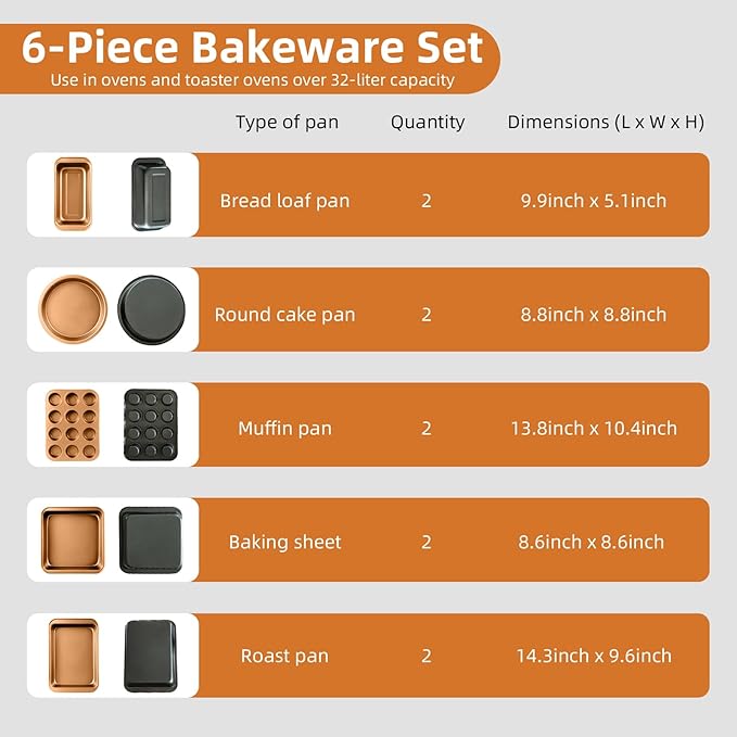 11-Piece Nonstick Baking Pans Set - Professional Grade Carbon Steel Bakeware with Premium Coating- Dishwasher Safe, Stackable, Oven Safe to 450°F (Two Layer Color)