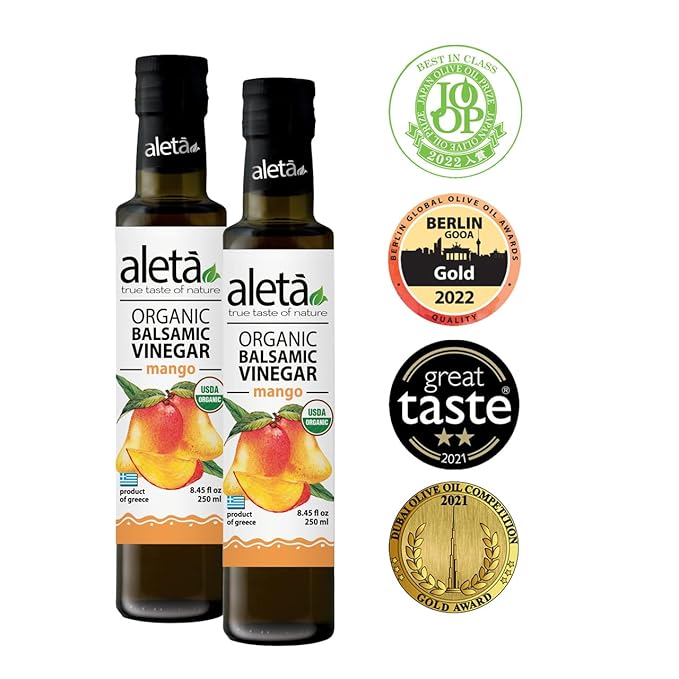 Aleta Farms Balsamic Vinegar, Mango Infused Organic Balsamic Vinegar, Aged, Flavored, USDA Organic, Glass Bottle, Product of Greece, 8.45 oz (Mango)