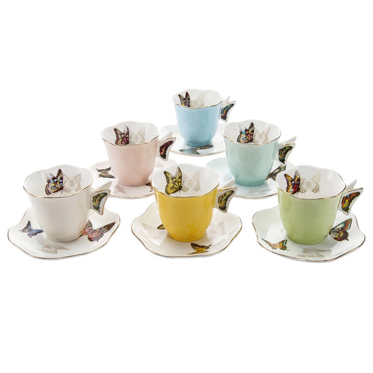 Solidith 8 Oz Espresso Cups With Saucers Set Of 6,Butterfly Ceramic Cups