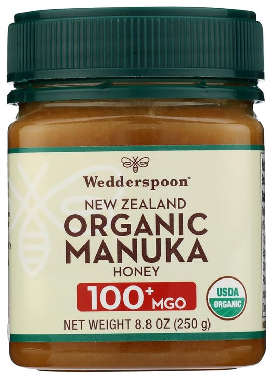 Wedderspoon Raw Premium USDA Certified Organic Manuka Honey, 100+ MGO, 8.8 Oz, Unpasteurized New Zealand Honey, From Our Hives to Your Home